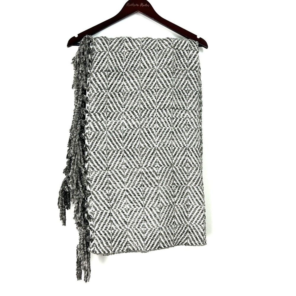 New Kirklands Gray Chenille Throw Blanket Diamond Fringe Reversible 50x6